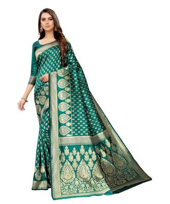 green woven jacquard saree with blouse 1