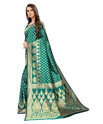 green woven jacquard saree with blouse 3