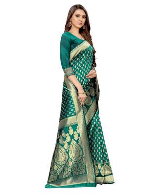green woven jacquard saree with blouse 4