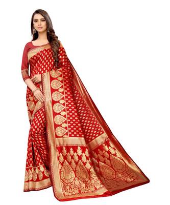 red woven jacquard saree with blouse 1