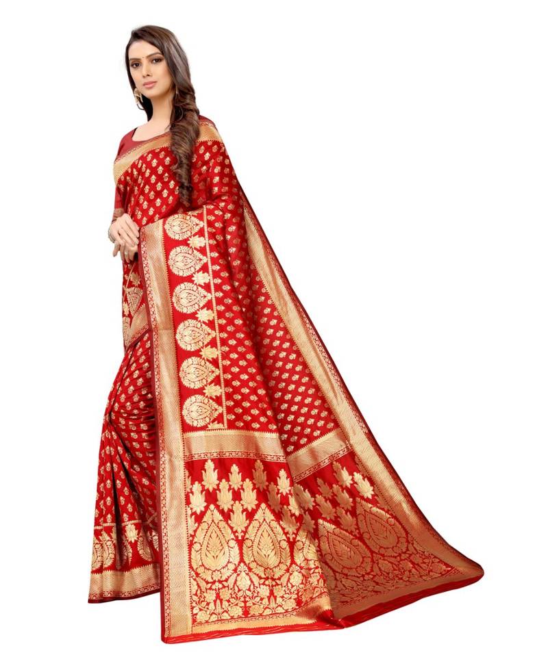 red woven jacquard saree with blouse