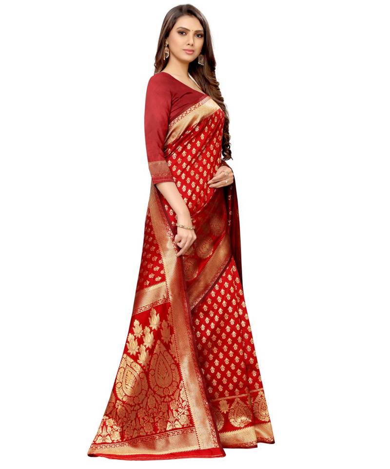 red woven jacquard saree with blouse