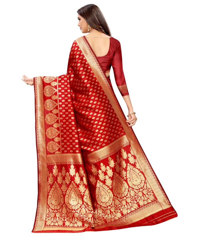 red woven jacquard saree with blouse