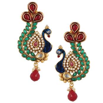 Maroon green stone peacock earring with kundan & pearl work v633mg 1