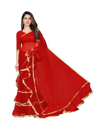 red plain net saree with blouse 1