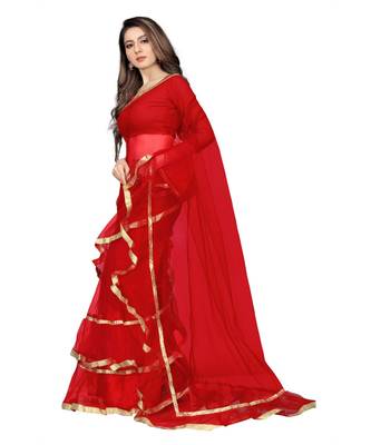 red plain net saree with blouse 2