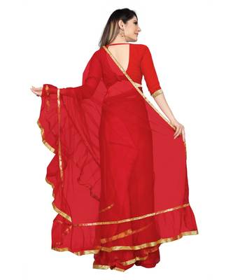 red plain net saree with blouse 3