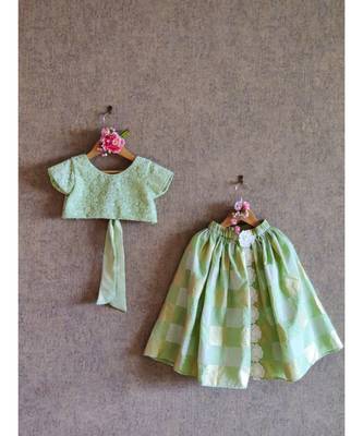 Pastel Green Crop Top With Foil Print Ghaghra 1