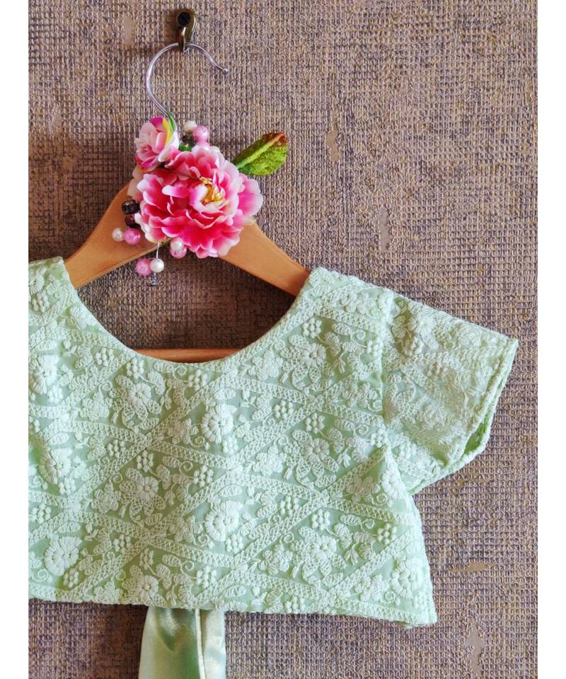 Pastel Green Crop Top With Foil Print Ghaghra