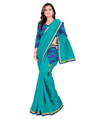 green plain tussar silk saree with blouse 1