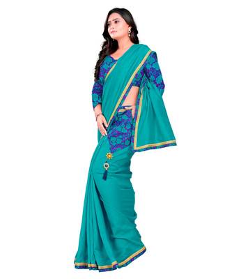 green plain tussar silk saree with blouse 2