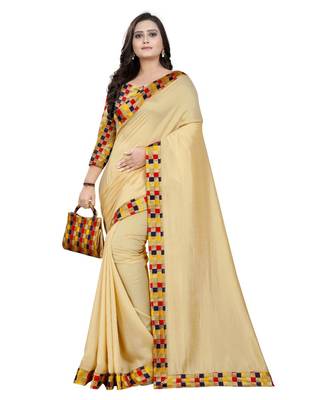 beige plain tussar silk saree with blouse 1