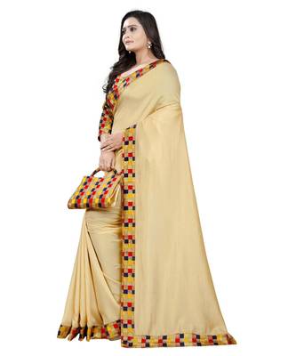 beige plain tussar silk saree with blouse 2