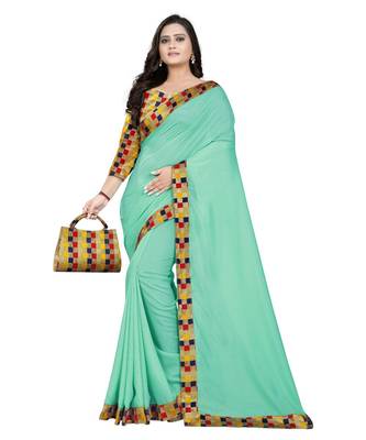 green plain tussar silk saree with blouse 1