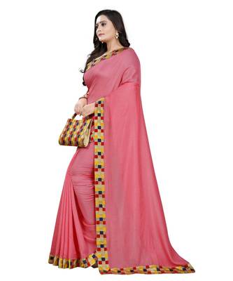 pink plain tussar silk saree with blouse 2