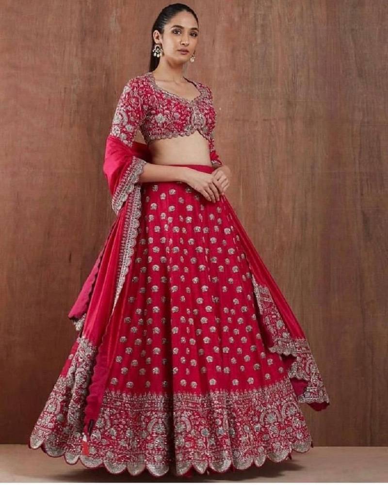 Red embroidered silk semi stitched lehenga - Tirupati textile - 3167929