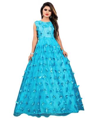 Blue Embroidery Net With Inner Full Stiched Anarkali Gown 1