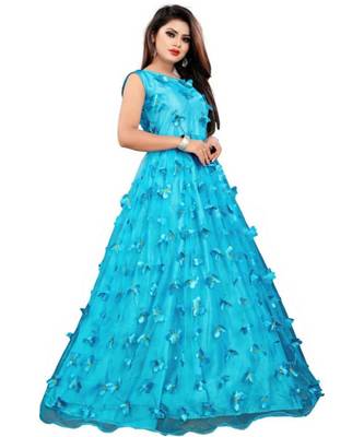 Blue Embroidery Net With Inner Full Stiched Anarkali Gown 3