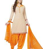 Cream Printed Crepe Salwar With Dupatta Unstitched