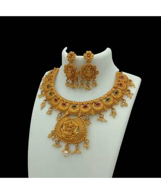 Temple South Indian Red Green Goddess Laxmi Matte Gold Pearl Traditional Mala Necklace Set 1