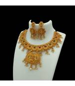 Temple South Indian Red Green Goddess Laxmi Matte Gold Pearl Traditional Mala Necklace Set