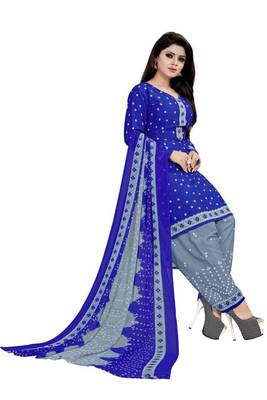 Blue Printed Crepe Salwar With Dupatta Unstitched 1