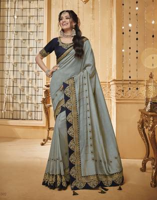 Grey embroidered silk blend saree with blouse 1
