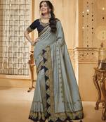Grey embroidered silk blend saree with blouse