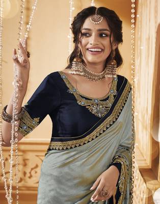 Grey embroidered silk blend saree with blouse 2