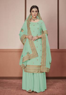 Teal-green embroidered silk salwar 1