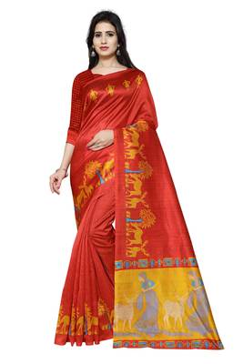 Red Printed Art Silk Saree With Blouse 1
