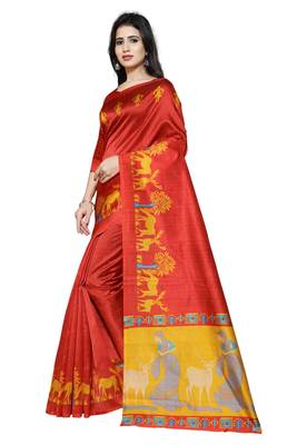Red Printed Art Silk Saree With Blouse 2