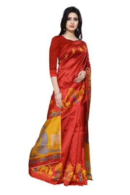 Red Printed Art Silk Saree With Blouse 3