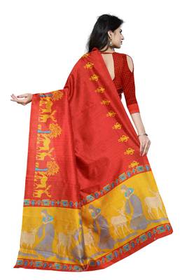 Red Printed Art Silk Saree With Blouse 4