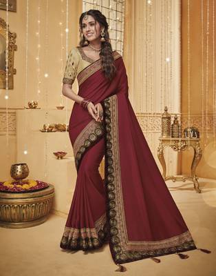 Maroon embroidered silk blend saree with blouse 1