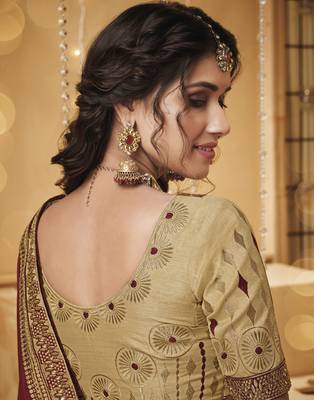 Maroon embroidered silk blend saree with blouse 2