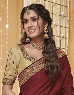 Maroon embroidered silk blend saree with blouse 3