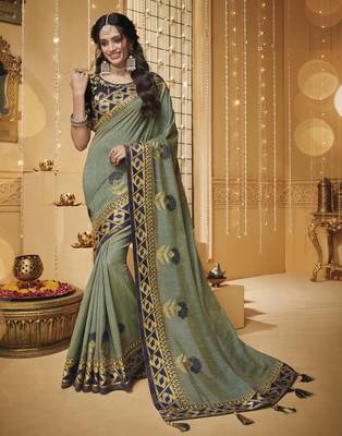 Grey embroidered silk blend saree with blouse 1