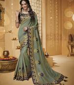 Grey embroidered silk blend saree with blouse