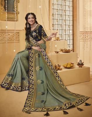 Grey embroidered silk blend saree with blouse 2