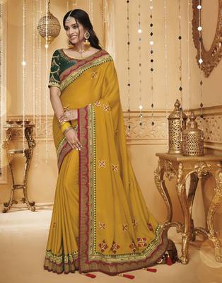 Mustard embroidered silk blend saree with blouse 1