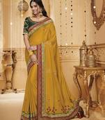 Mustard embroidered silk blend saree with blouse