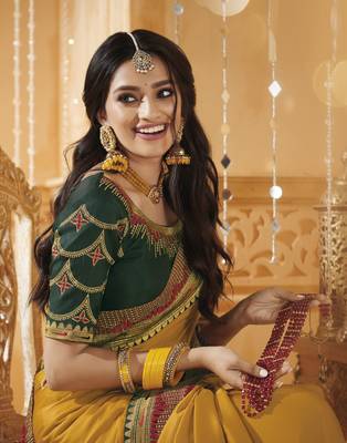 Mustard embroidered silk blend saree with blouse 2