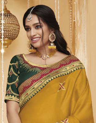 Mustard embroidered silk blend saree with blouse 3
