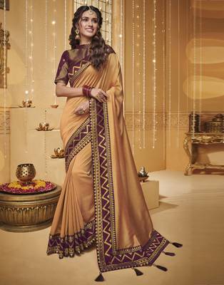 Peach embroidered silk blend saree with blouse 1