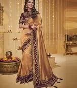 Peach embroidered silk blend saree with blouse