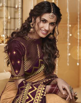 Peach embroidered silk blend saree with blouse 2