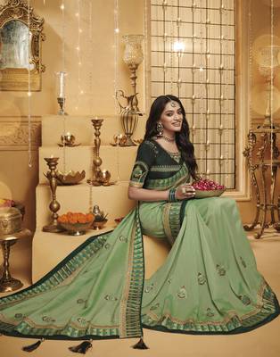 Green embroidered silk blend saree with blouse 2