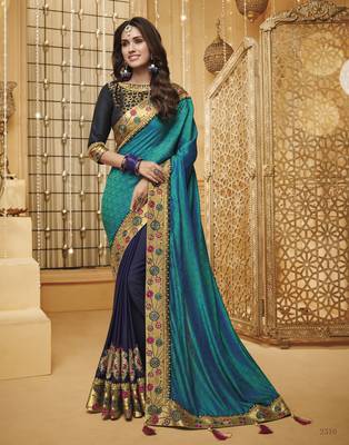 Blue embroidered silk blend saree with blouse 1