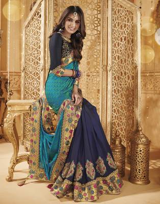 Blue embroidered silk blend saree with blouse 2